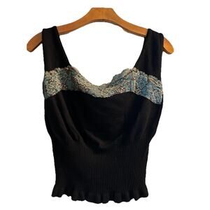 Bette Paige Vintage Black Ribbed Lace Trim Tank Top Medium Y2K 90s Whimsigoth